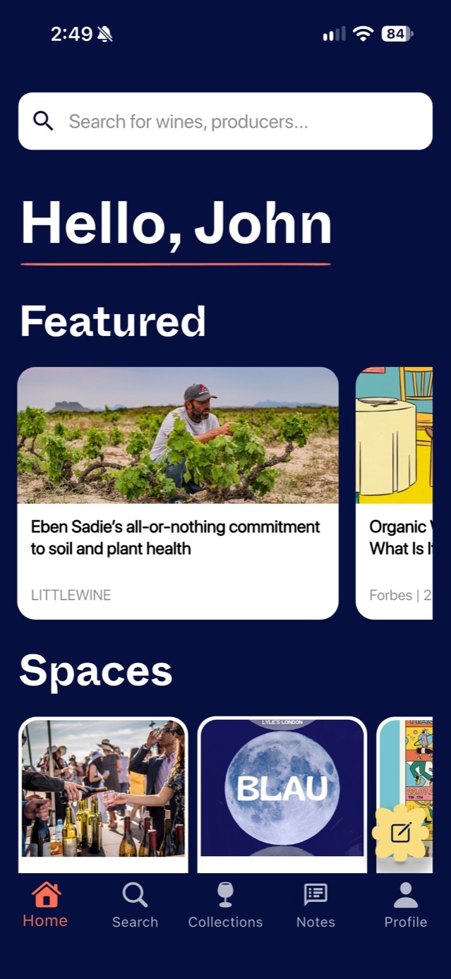 LITTLEWINE home screen with featured stories and spaces
